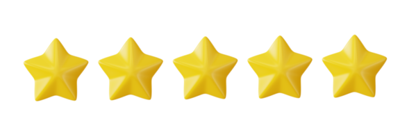 cinco estrelas em linha. cor amarela brilhante. conceito de feedback de classificação do cliente do cliente sobre o funcionário do site. renderização 3d abstrata. png