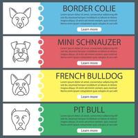 Dogs breeds web banner templates set. Border Collie, Mini Schnauzer, French bulldog, pit bull. Website color menu items with linear icons. Vector headers design concepts