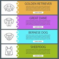 Dogs breeds web banner templates set. Golden Retriever, Great Dane, Bernese dog, Shetland Sheepdog. Website color menu items with linear icons. Vector headers design concepts