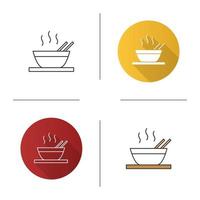 Hot chinese dish icon. Soup, ramen, rice or noodles. Flat design, linear and color styles. Isolated vector illustrations