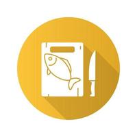 Cutting board with fish and knife flat design long shadow glyph icon. Vector silhouette illustration