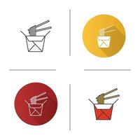 Chinese noodles in paper box and chopsticks icon. Wok noodles. Flat design, linear and color styles. Isolated vector illustrations