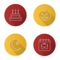 Holidays flat linear long shadow icons set. Birthday, Labour Day, Ramadan, Halloween. Vector outline illustration