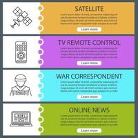 Mass media web banner templates set. Satellite signal, TV remote control, war correspondent, online news. Website color menu items with linear icons. Vector headers design concepts