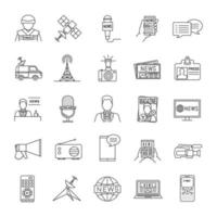 Mass media linear icons set. Press. Television, radio broadcasting. Thin line contour symbols. Isolated vector outline illustrations