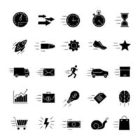 Motion glyph icons set. Speed. Flying items. Fast services. Silhouette symbols. Vector isolated illustration