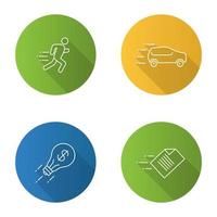 Motion flat linear long shadow icons set. Speed. Running man, car, flying light bulb and file. Vector outline illustration