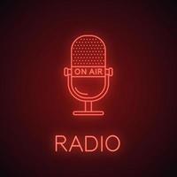 Microphone neon light icon. Radio broadcasting. On air glowing sign. Vector isolated illustration