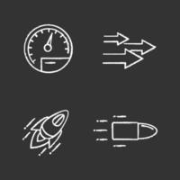 Motion chalk icons set. Speed. Speedometer, arrows, startup, flying bullet. Isolated vector chalkboard illustrations