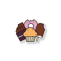 Sweets patch. Confectionery. Chocolate bar, doughnut, muffin with raisins, ice cream. Color sticker. Vector isolated illustration