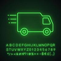 Delivery van neon light icon. Fast shipping. Freight transport. Glowing sign with alphabet, numbers and symbols. Vector isolated illustration
