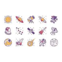 Astronomy color icons set. Space exploration. Astronomical observations. Starry sky study. Astrophysics, astrology. Celestial objects observing, studying. Isolated vector illustrations