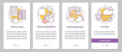 Catering onboarding mobile app page screen with linear concepts. Choosing recipes, ingredients, food preparation, serving steps graphic instructions. UX, UI, GUI vector template with illustrations