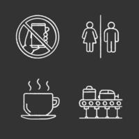 Airport service chalk icons set. Smartphone prohibition, WC sign, hot drink, baggage carousel. Isolated vector chalkboard illustrations