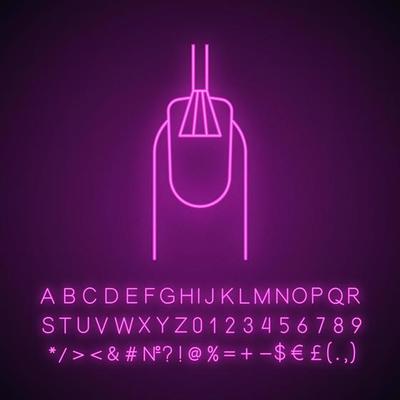 Nail polishing neon light icon. Finger with manicure. Nail varnish brush. Glowing sign with alphabet, numbers and symbols. Vector isolated illustration