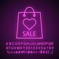 Shopping bag with heart neon light icon. Sale. Glowing sign with alphabet, numbers and symbols. Vector isolated illustration