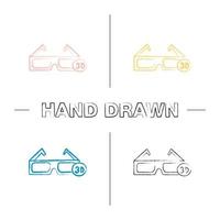 3D glasses hand drawn icons set. Polarized anaglyph glasses. Color brush stroke. Isolated vector sketchy illustrations