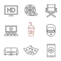 Cinema linear icons set. HD, filmstrip roll, director chair, screen, drink, 3D glasses, table and sofa, theater masks, turn off sign. Thin line contour symbols. Isolated vector outline illustrations