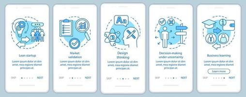 principios de inicio que incorporan la pantalla de la página de la aplicación móvil con conceptos lineales. instrucciones gráficas de los pasos del tutorial de creación de empresas. ux, ui, plantilla vectorial gui con ilustraciones vector