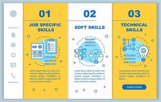 Job skills onboarding mobile web pages vector template. Responsive smartphone website interface idea with linear illustrations. Webpage walkthrough step screens. Yellow color concept