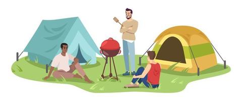 Ilustración de vector plano de camping de viaje. jóvenes campistas en personajes de dibujos animados de barbacoa. grupo de hombres felices en picnic, vacaciones de verano. recreación al aire libre estacional aislada sobre fondo blanco