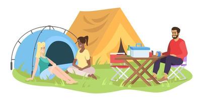 Friends camping outdoors flat vector illustration. Cheerful man and women cartoon characters. Young friends, students on picnic, holiday season. Summer outdoor recreation isolated on white background