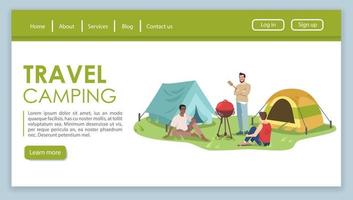 Travel camping landing page vector template. Nature recreation website interface idea with flat illustrations. Tourist agency homepage layout. Outdoor picnic web banner, webpage cartoon concept