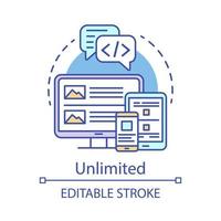 Unlimited concept icon. Website builder pricing idea thin line illustration. Mobile app. Frontend development tariff. Web application design. Vector isolated outline drawing. Editable stroke