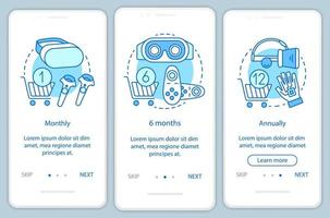 VR game subscription onboarding mobile app page screen with linear concepts. Three walkthrough steps graphic instructions. Monthly or annually tariffs. UX, UI, GUI vector template with illustrations