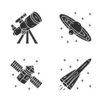 Astronomy glyph icons set. Space exploration. Telescope, Solar System, artificial satellite, rocket. Astrophysics. Space research. Cosmic mission. Silhouette symbols. Vector isolated illustration