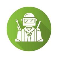 Game soldier flat design long shadow glyph icon. Player with weapon in safety gear. Virtual game inventory. Shooter from first person. Player in protective helmet. Vector silhouette illustration