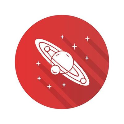 Solar system flat design long shadow glyph icon. Celestial bodies orbiting star. Sun planetary system. Planet and three satellites. Space exploration. Space trip. Vector silhouette illustration