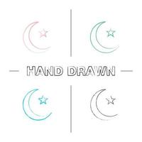 Star and crescent moon hand drawn icons set. Ottoman flag. Ramadan moon. Color brush stroke. Isolated vector sketchy illustrations