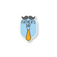 Fathers Day patch. Mustache and tie greeting card. Color sticker. Vector isolated illustration