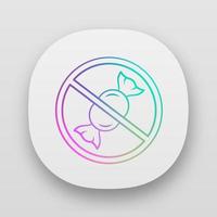 No candies prohibition app icon. Sugar free product. Diabetic diet. UI UX user interface. Confectionery and sweets consuming refuse. Web or mobile application. Vector isolated illustration