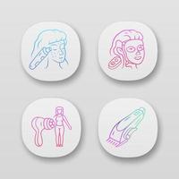 Beauty devices app icons set. Blackhead remover, therapy facial mask, body massager and shaving machine. Cosmetology instruments. UI UX user interface. Web applications. Vector isolated illustrations
