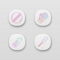 Cricket championship app icons set. Protective gear, game equipment. Outdoor sports activity. Team game. UI UX user interface. Web or mobile applications. Vector isolated illustrations