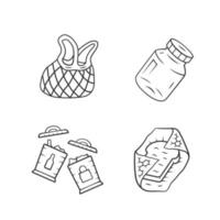 Recyclable kitchen utensils linear icons set. Reusable mesh bag, spices can, beeswax food wrap. Trash sorting bins. Thin line contour symbols. Isolated vector outline illustrations. Editable stroke