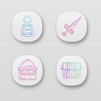 conjunto de iconos de aplicaciones de inventario de juegos en línea. equipo de juego de disparos. mochila táctica, jeringa de adrenalina, casco, paquete. interfaz de usuario ui ux. aplicaciones web o móviles. Ilustraciones de vectores aislados