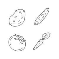 Vegetables linear icons set. Potato, cucumber, tomato, carrot. Vitamin and diet. Healthy nutrition ingredient. Thin line contour symbols. Isolated vector outline illustrations. Editable stroke