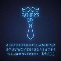 Fathers Day neon light icon. Mustache and tie greeting card. Glowing sign with alphabet, numbers and symbols. Vector isolated illustration