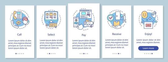 plantilla de vector de pantalla de página de aplicación móvil de incorporación de compras en línea. llama, selecciona, paga, recibe, disfruta. Pasos del sitio web de compra digital con ilustraciones lineales. ux, ui, concepto de interfaz de teléfono inteligente gui