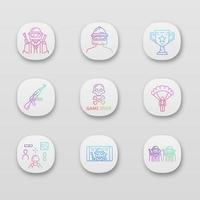 Game inventory app icons set. Player, helmet, trophy, weapon, game over, parachute, esports team, shooter. UI UX user interface. Web or mobile applications. Vector isolated illustrations