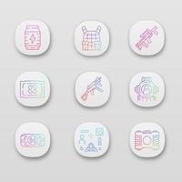 Game inventory app icons set. Energy drink, body armor, weapon, bandage. Sniper gun, aim, first aid kit, container. UI UX user interface. Web, mobile applications. Vector isolated illustrations