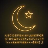 Star and crescent moon neon light icon. Ottoman flag. Ramadan moon. Glowing sign with alphabet, numbers and symbols. Vector isolated illustration