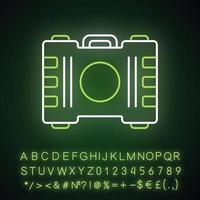 Game container, equipment, kit neon light icon. Construction tools, items storage. Player inventory. Saving objects box. Glowing sign with alphabet, numbers and symbols. Vector isolated illustration