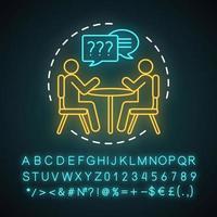 Go for interview neon light concept icon. Job interviewing. Headhunting. Personnel hiring. Employment, recruitment. HR management idea. Glowing alphabet, numbers, symbols. Vector isolated illustration