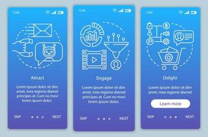 Inbound marketing method for customers blue onboarding mobile app page screen vector template. Engage walkthrough website steps with linear illustrations. UX, UI, GUI smartphone interface concept