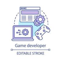 Game developer concept icon. Search, install, configure game. Programmer work. Gaming software programming, testing idea thin line illustration. Vector isolated outline drawing. Editable stroke