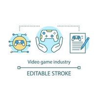 Video game industry concept icon. Controller certification. Gaming accessories review. Esport equipment development idea thin line illustration. Vector isolated outline drawing. Editable stroke